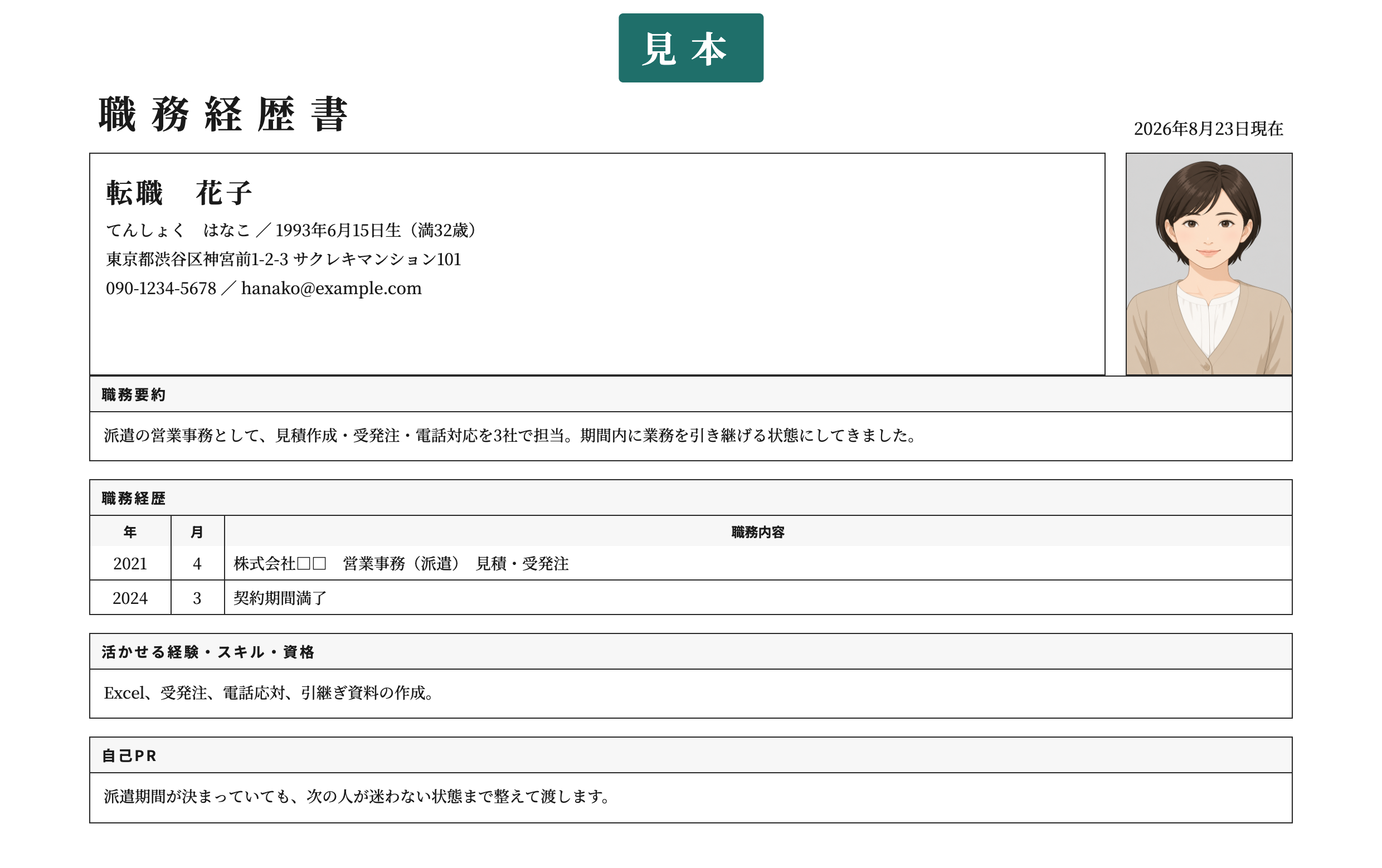 派遣の職務経歴書テンプレート | 無料作成・ダウンロード・PDF・印刷の記入済み見本