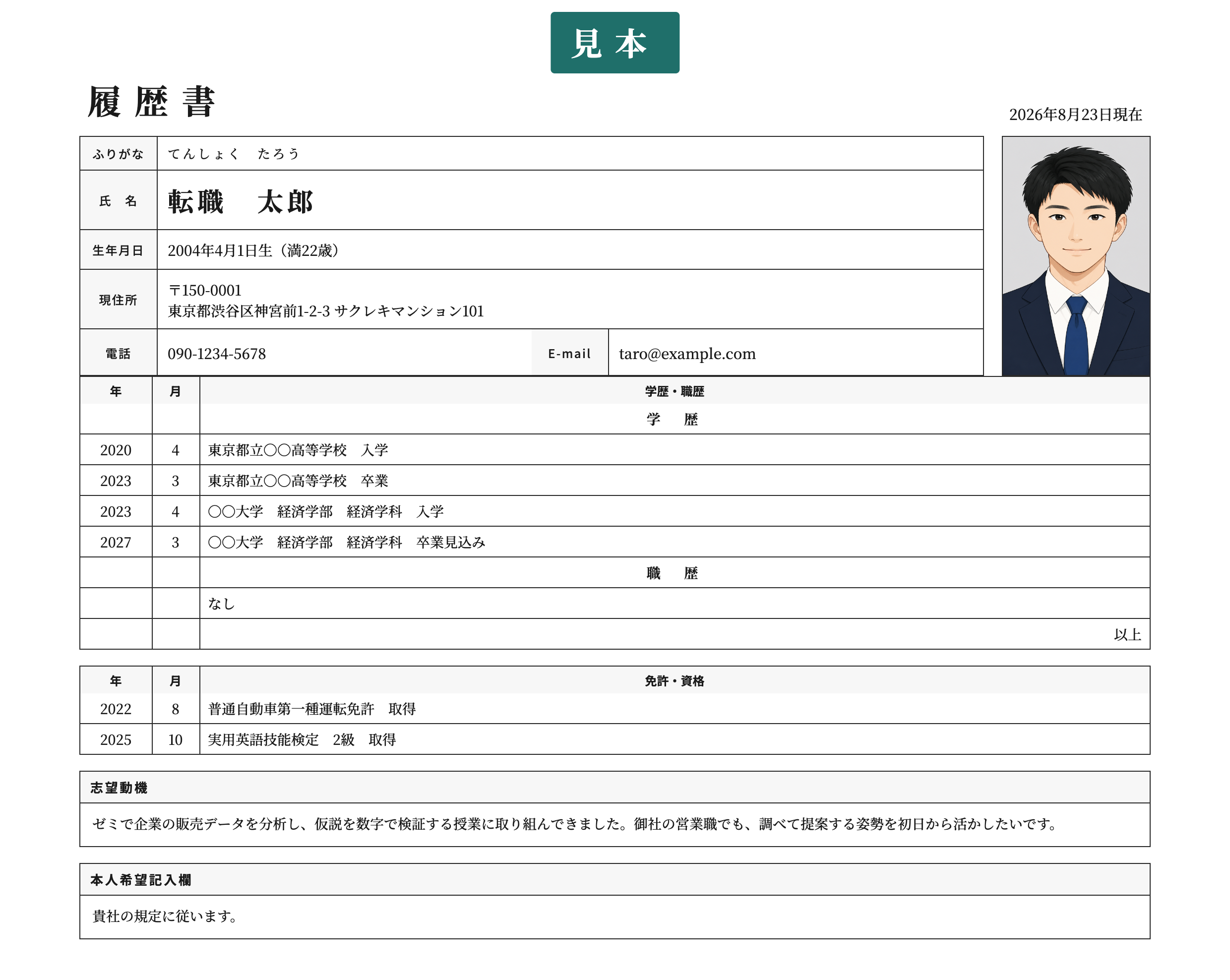 新卒用の履歴書テンプレート | 無料作成・ダウンロード・PDF・印刷の記入済み見本