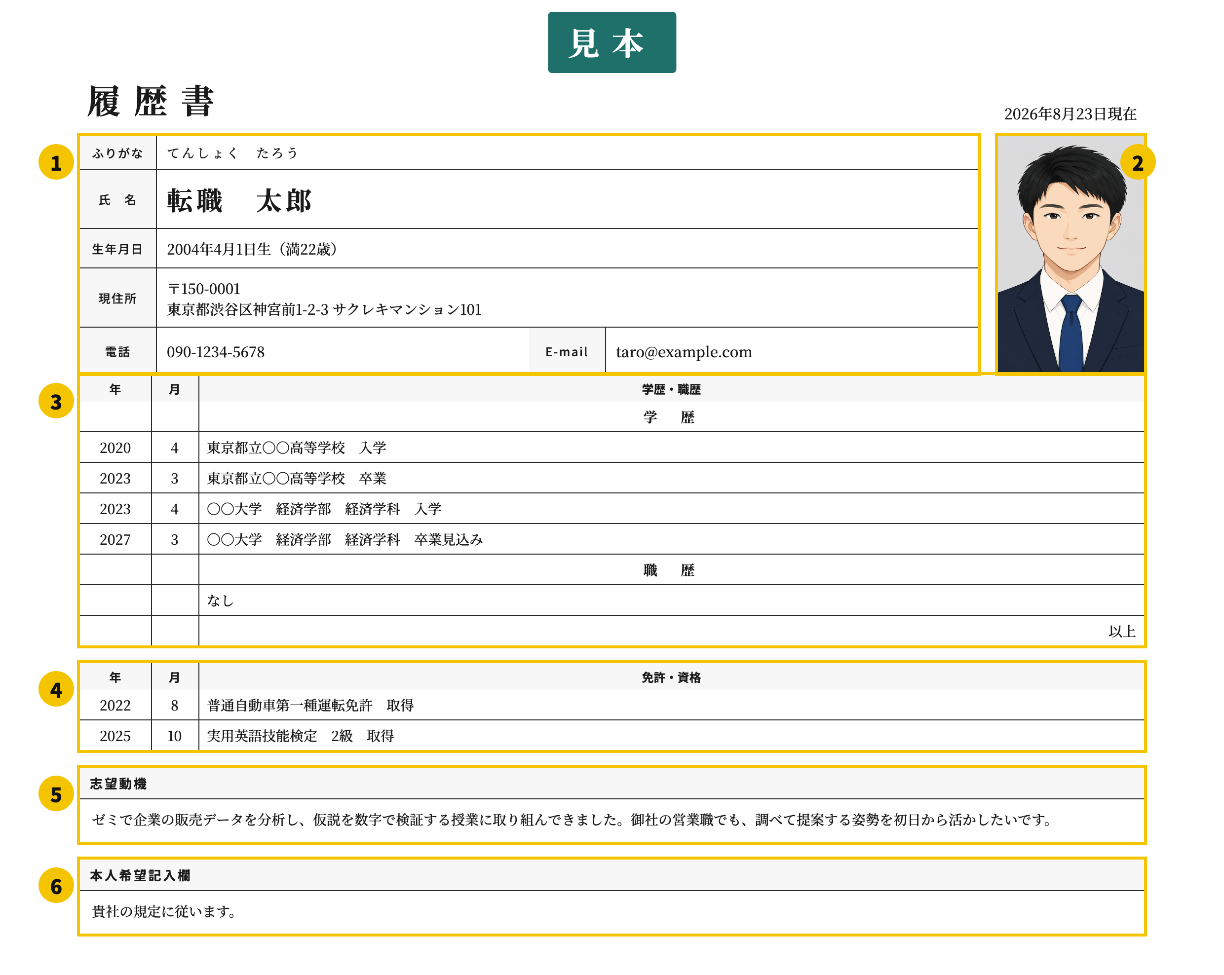 新卒用の履歴書テンプレート | 無料作成・ダウンロード・PDF・印刷の番号付き見本