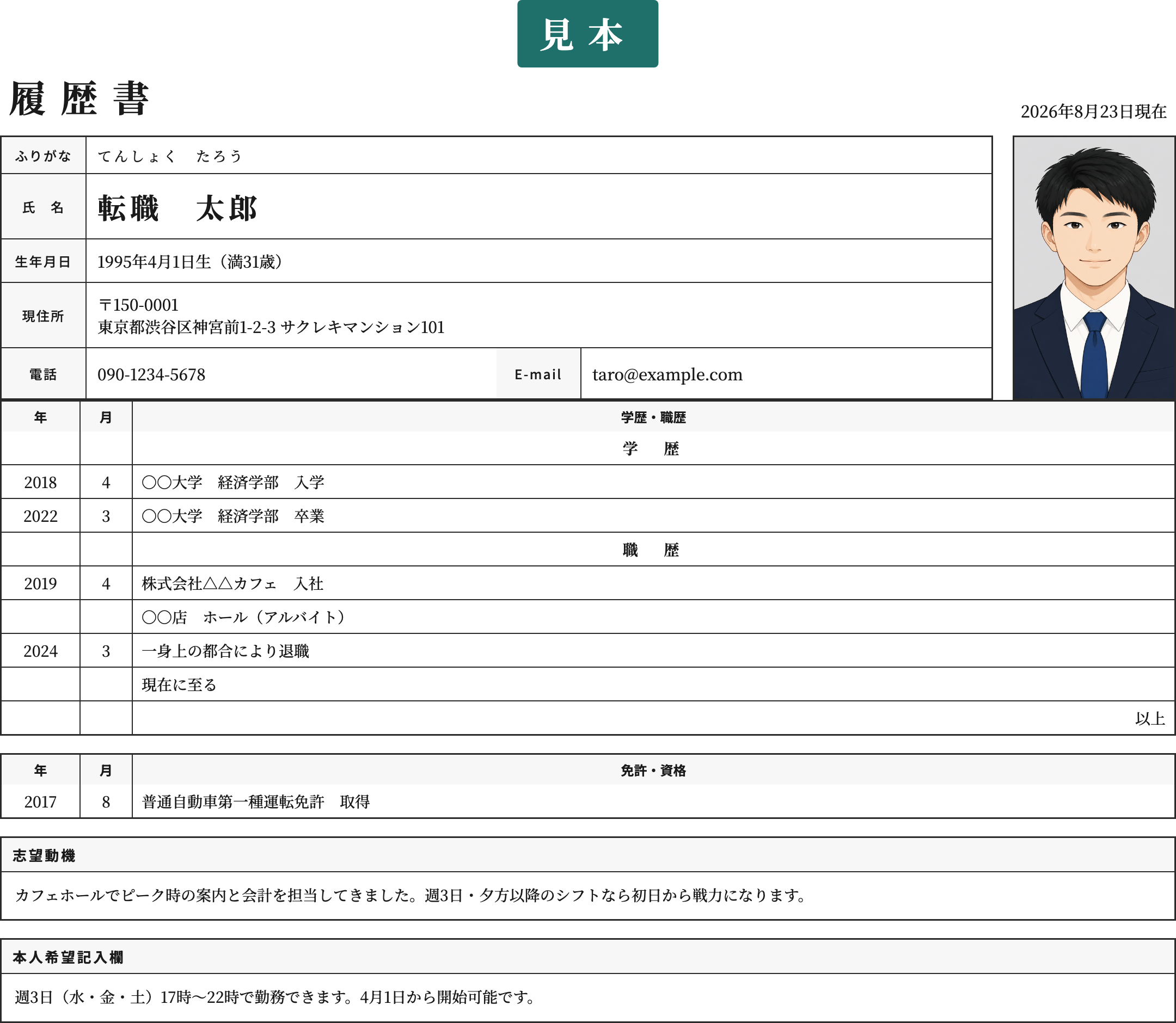 アルバイト用の履歴書テンプレート | 無料作成・ダウンロード・PDF・印刷の記入済み見本