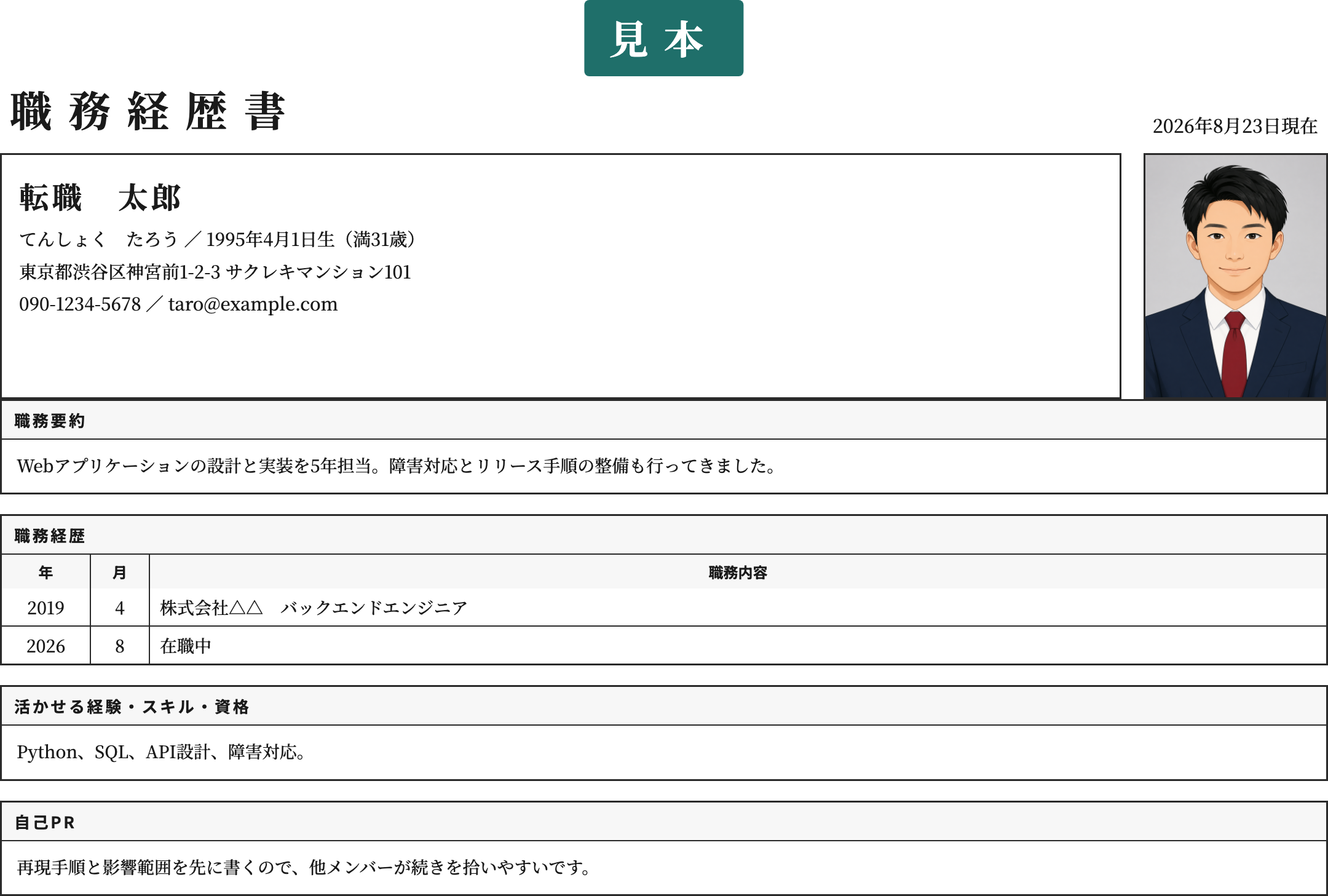 エンジニアの職務経歴書テンプレート | 無料作成・ダウンロード・PDF・印刷の記入済み見本