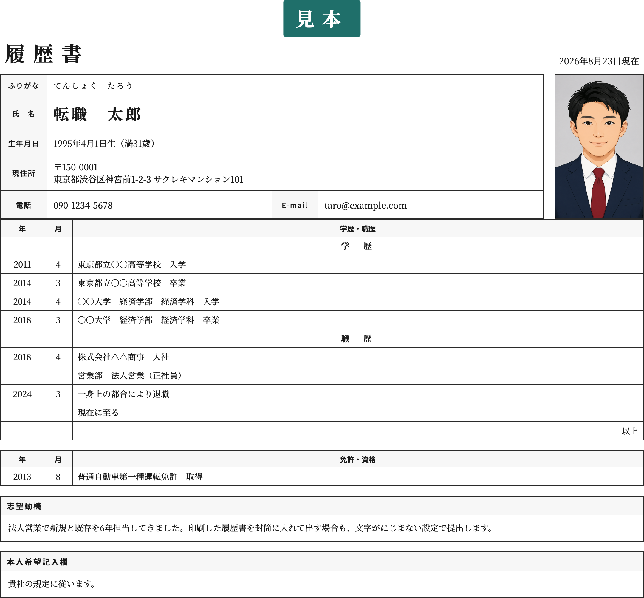履歴書封筒の印刷テンプレートの記入済み見本