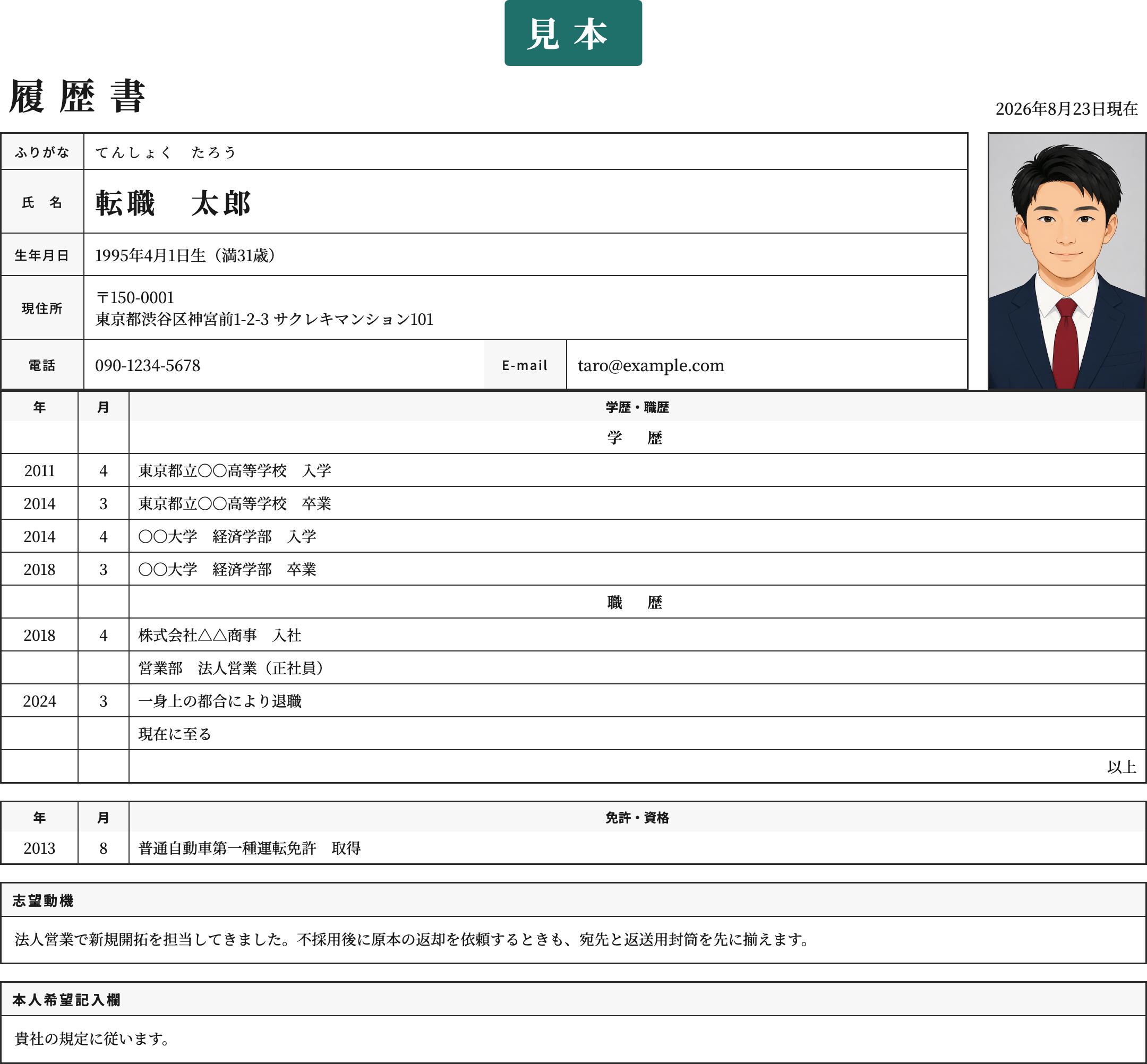 履歴書の返却テンプレートの記入済み見本