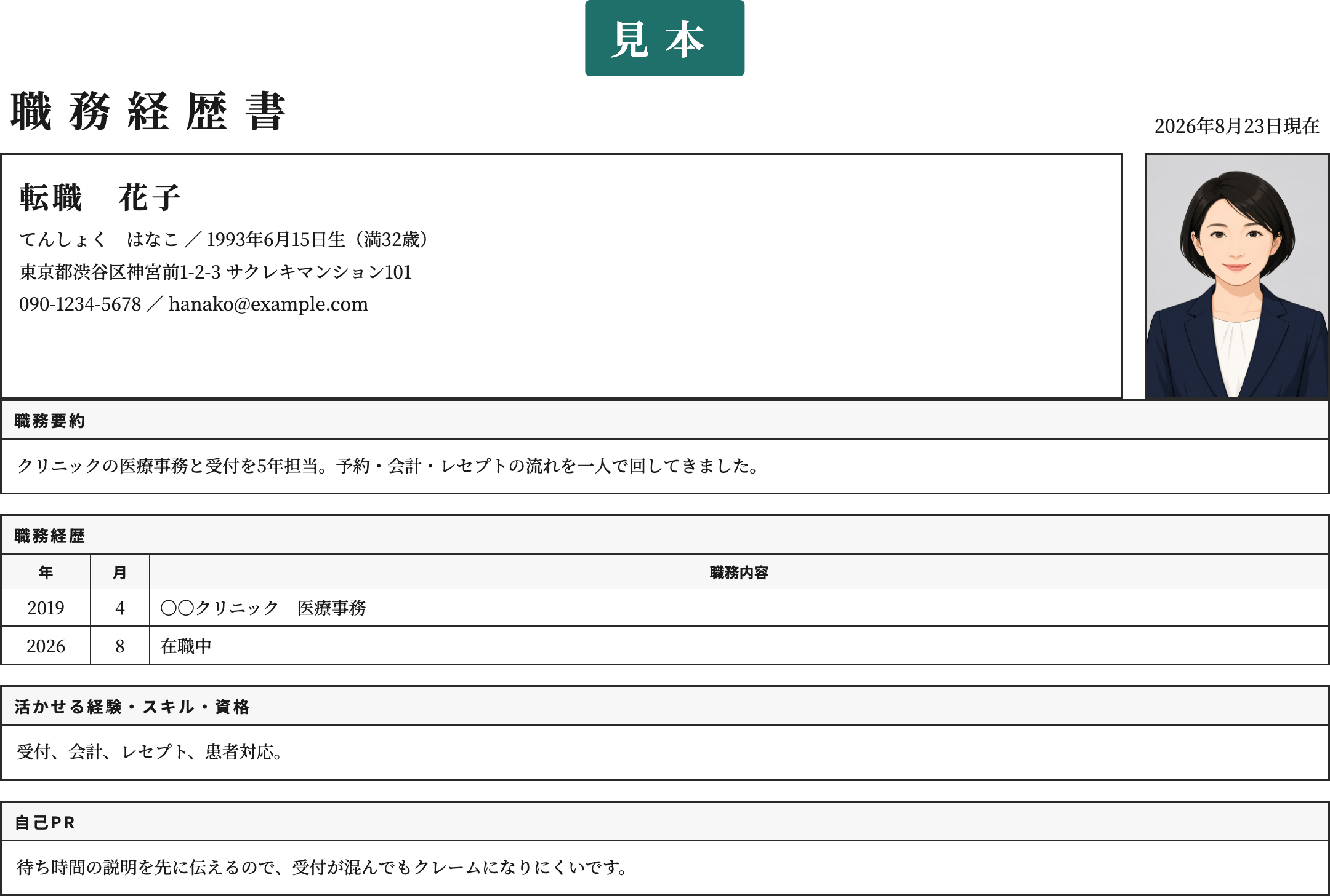 医療業界の職務経歴書テンプレート | 無料作成・ダウンロード・PDF・印刷の記入済み見本