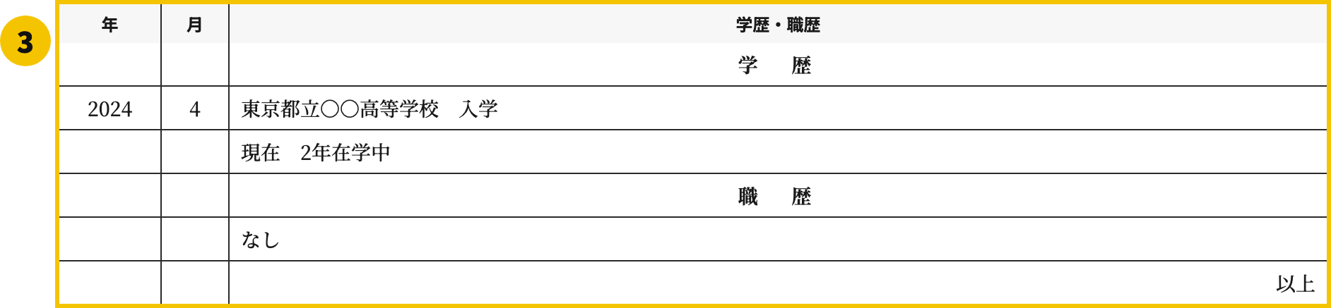 高校生のバイト履歴書テンプレートの学歴・職歴欄