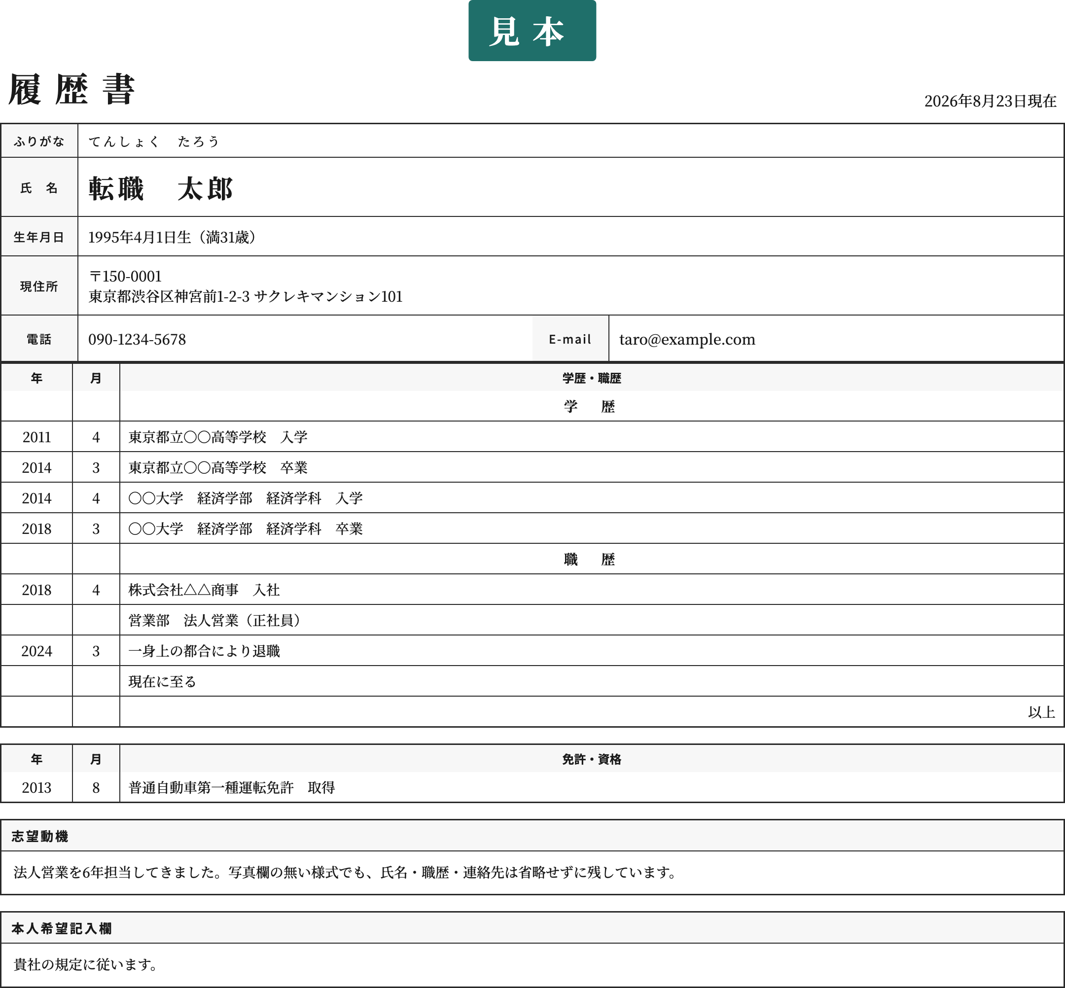 顔写真なしの履歴書テンプレートの記入済み見本