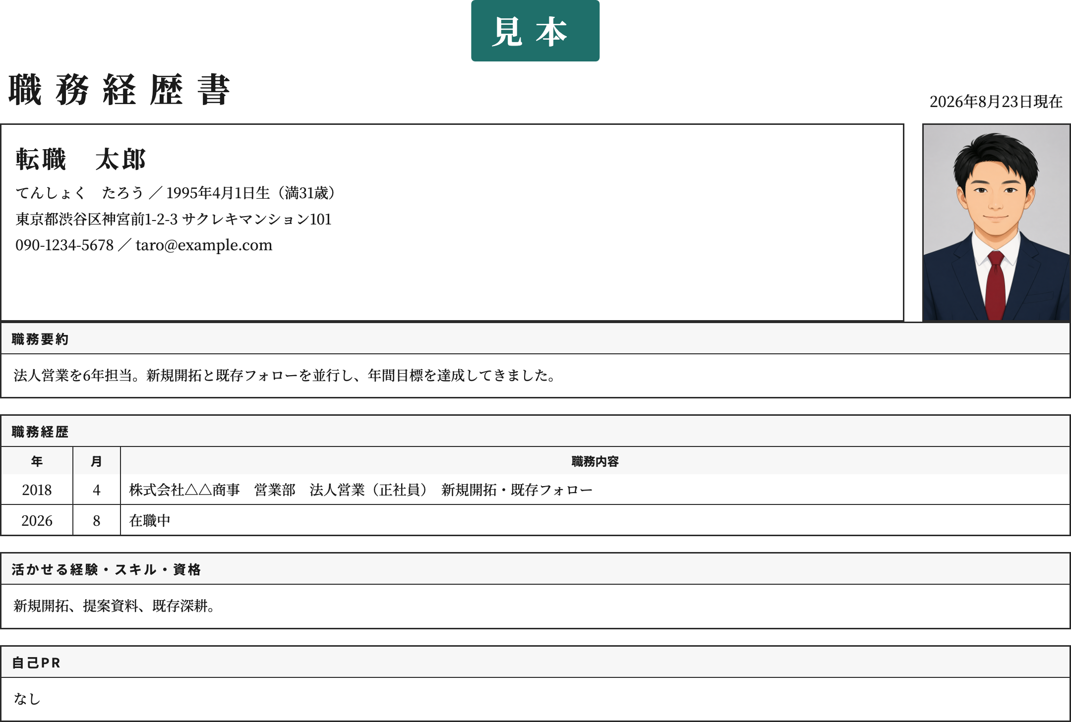 自己PRなしの職務経歴書テンプレートの記入済み見本