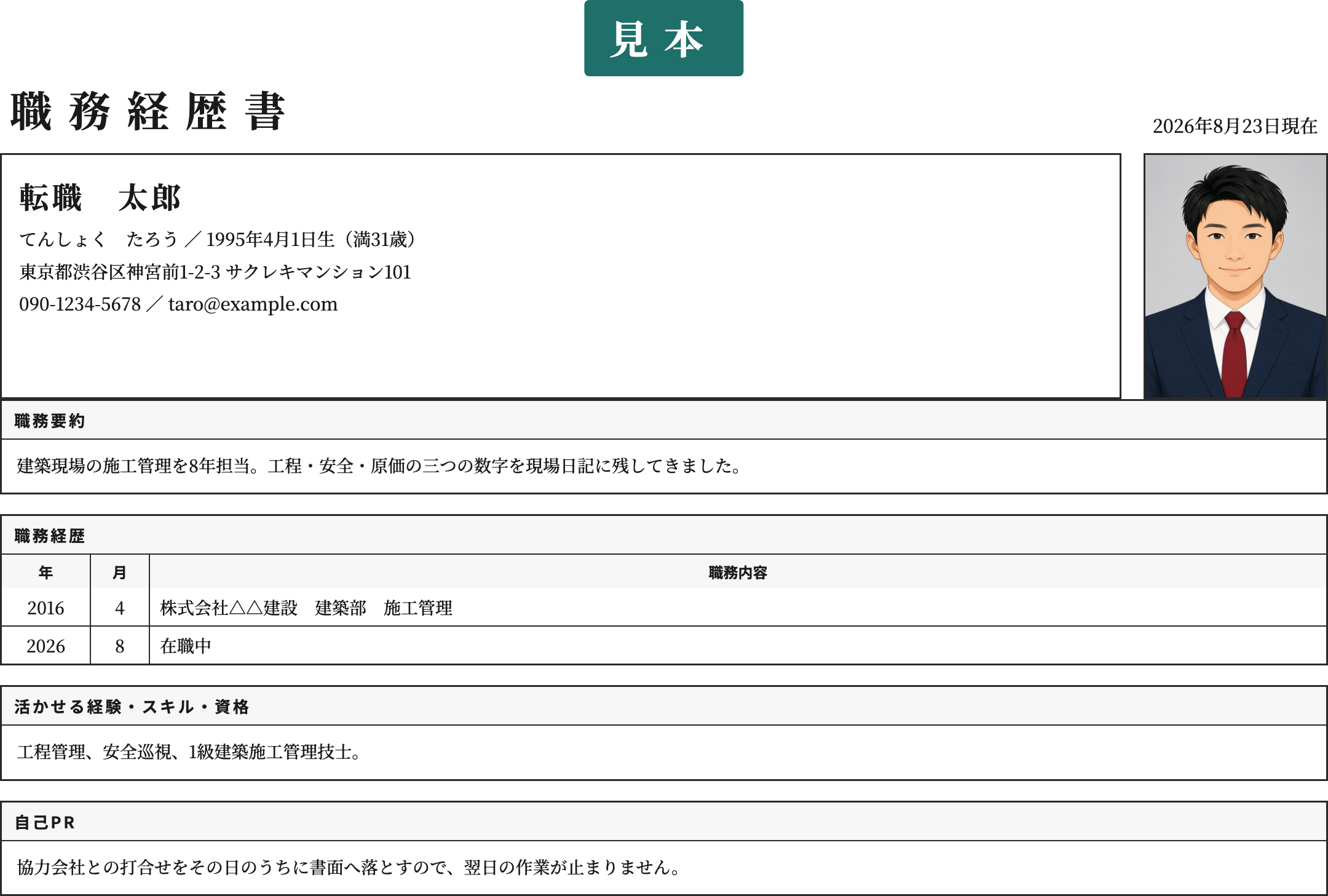 施工管理の職務経歴書テンプレート | 無料作成・ダウンロード・PDF・印刷の記入済み見本