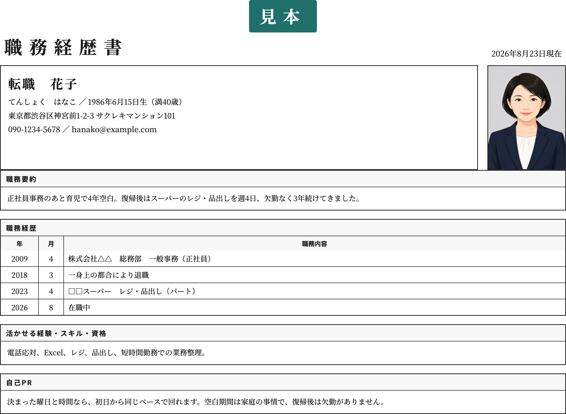 主婦・パートの職務経歴書テンプレートの記入済み見本