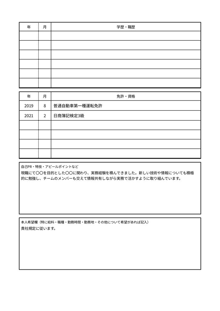 アルバイトの履歴書の番号付き見本